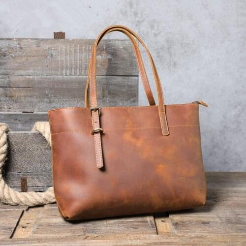 2021 Simple Top Quality Cowhide Leather Tote Bag Womens Vintage Tote Shoulder Bag Handmade Original Cow Leather Mens Handbag