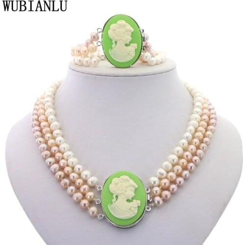 3 Rows 7-8mm Natural Pearl Wedding Bridal Jewelry Set Necklace Bracelet Charming Fashion Womens Party Birthday Gift T253