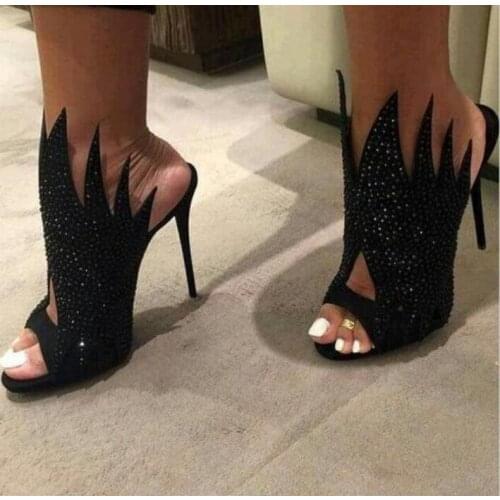 Irregular Crystal High Heel Mules Cut Peep-toe Stiletto Hight Heels Slipper Sandals Dress Shoes Women Black Banquet Shoes
