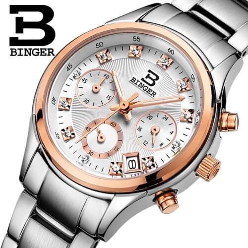 Switzerland Binger Womens watches luxury quartz waterproof clock full stainless steel Chronograph Female Wristwatches BG6019-W2