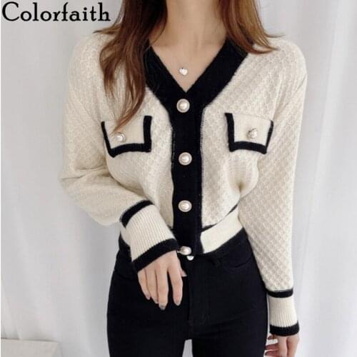 Colorfaith New 2021 Womens Autumn Winter Sweaters Fashionable Elegant Lady Short Cardigans Vintage Korean Knitwears SWC1390JX