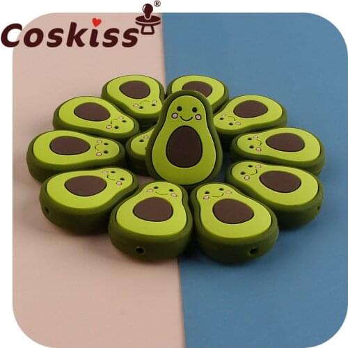 Coskiss 5pcs Silicone Avocado Beads DIY Baby Cartoon Teether Shower Necklace Chewing Pacifier Dummy Sensory Toy Accessories