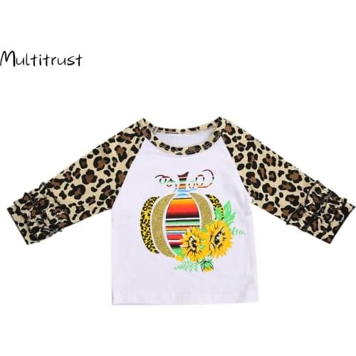 Little Girls Halloween T-shirt Spring Autumn Creative Pumpkin Flower Printing Leopard Print Long Sleeve Top Casual Clothes