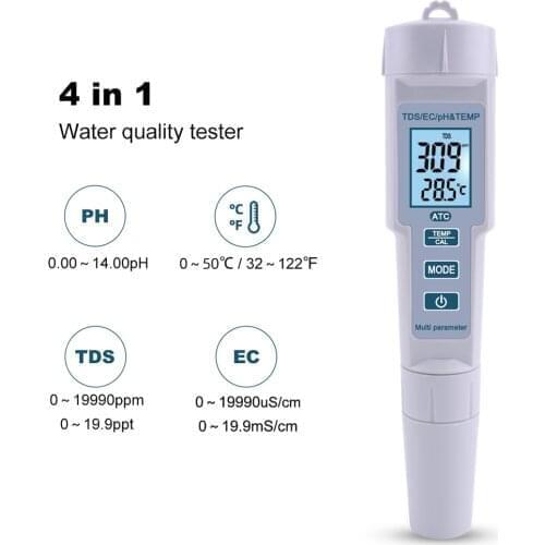 Ph meter digital 4 in 1 PH/EC/TDS/Temp Meter Water Quality Test Meter High Accuracy Measurement Range LCD Display Measure Tool
