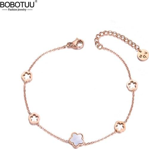 BOBOTUU Classic Stainless Steel White Shell Flower Charm Bracelets For Women Rose Gold Chain & Link Bracelet Jewelry BB19056