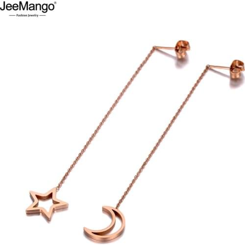 JeeMango Titanium Stainless Steel Moon & Star Tassel Earrings Jewelry Fashion Bohemia Ear Line Dangle Earrings For Girls JE20003