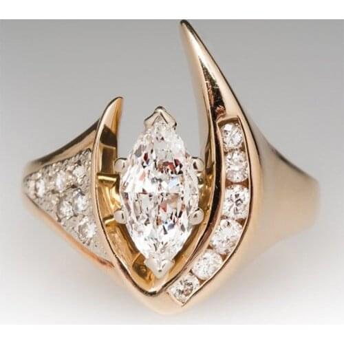 Huitan Luxury Gold Color Brilliant CZ Stone Women Wedding Rings Jewelry V Shape Inlaid Marquise Zircon Delicate Lady Rings New