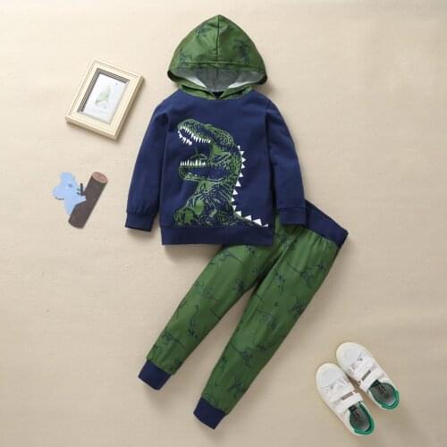 2-piece Baby / Toddler Cartoon Dinosaur Hooded Long-sleeve Pullover and Pants Set