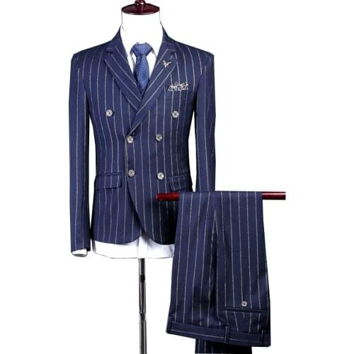Jacket+Pants+Vest) Mens Suit Men Strip Suit Blue Suit Blue three Piece Groomsmen Wedding Suit Mens Suits Latest Coat Pant