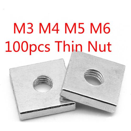 100pcs Square Nut M3 M4 M5 M6 Carbon Steel Galvanized Zinc Plated Thin GB39 DIN 562 Quadrangle Block Compatible with Prusa MK3