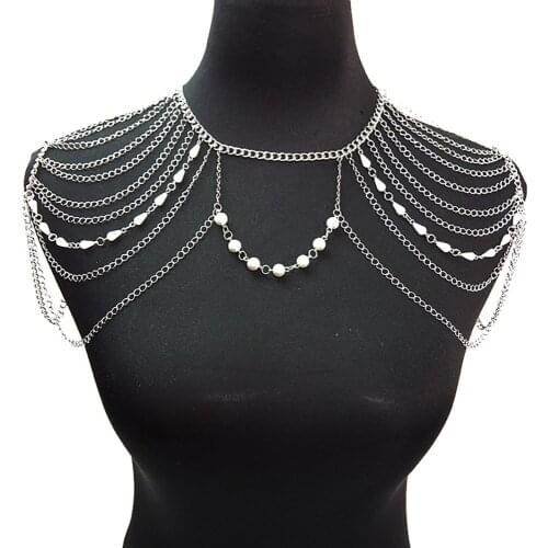 Lureme Wedding Jewelry Body Chain Silver Tone with Pearl Bridal Shawl Chain Necklaces for Women Beach Jewelry (01004094)