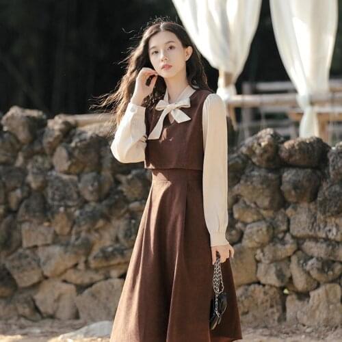 2021 New Vintage Corduroy Dress Women Fashion French Bow Ruffle Long Sleeve Dresses Female Spring Autumn Clothing S-2XL