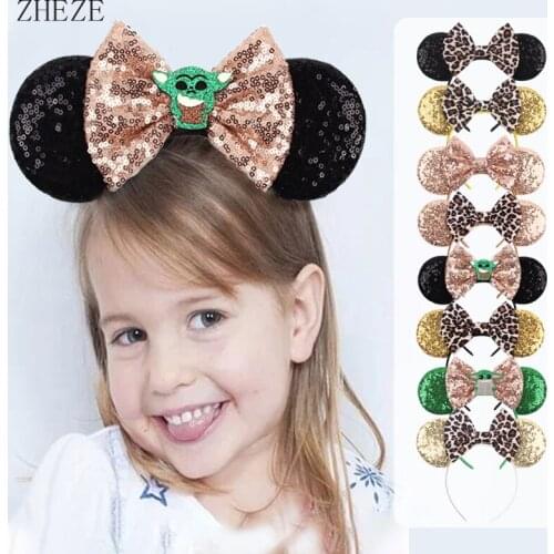 2021 New Sequin Bow Hairband 5'' Lepord Style Girls Headband DIY Headwear For Children Mouse Ear Party Festival Accessories
