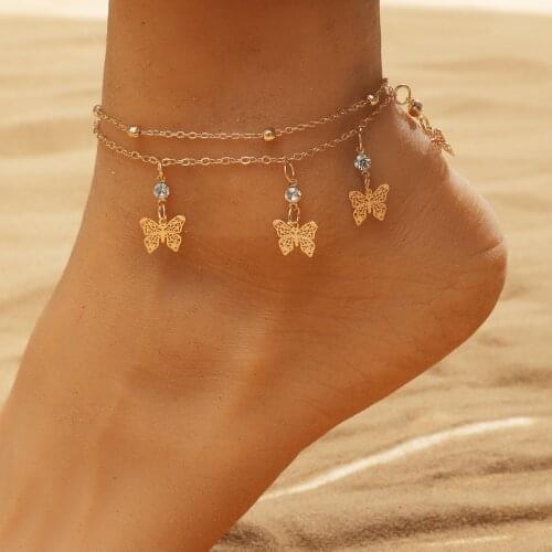 New Arrival Metal Animal Anklets Womens Casual/Sporty Double Butterfly Beads Summer Beach Hollow Out Anklets Jewelry for Girls