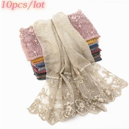 Plain Embroidered Floral Cotton Scarf Women Muslim Hijab Solid Color Pearl 2020 Fashion Foulard Femme Bandana 10pcs/lot