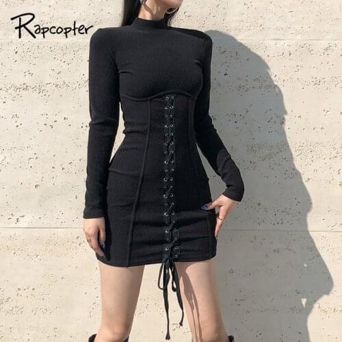 Rapcopter Cross Lace Up Mini Dresses Knitted Long Sleeve Short Dress Corset Women Korean Style Bodycon Women Streetwear Party