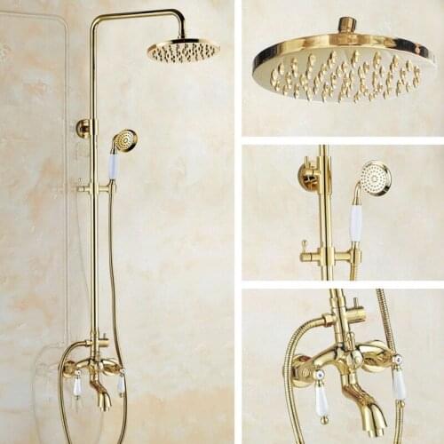 Luxury Gold Color Brass Wall Mounted Rainfall Bathroom Rain Shower Faucet Set Double Ceramics Handles Bath Tub Mixer Tap agf432