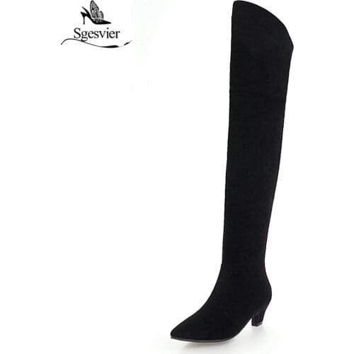 Sgesvier black fashion over the knee boots women pointed toe med heels zipper boots flock thigh high boots big size 34-48 OX965