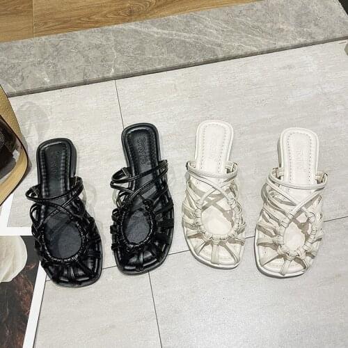 Summer Rome Style Women Slippers Retro Weave Flat Female Slides Soft Bottom Casual Two Way To Wear Ladies Sandals 35-40 Shoes