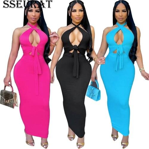 SSEURAT Women Halter Neck Backless Bodycon Midi Maxi Dress Sexy Party Clubwear Night Pencil Sleeveless Long Dresses