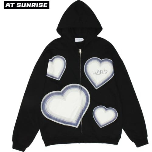 Hip Hop Harajuku Sweatshirt Streetwear zipper Hoodie Heart Print Hoodie Men Cotton Casual Pullover Autumn Hooded Hoodie Black