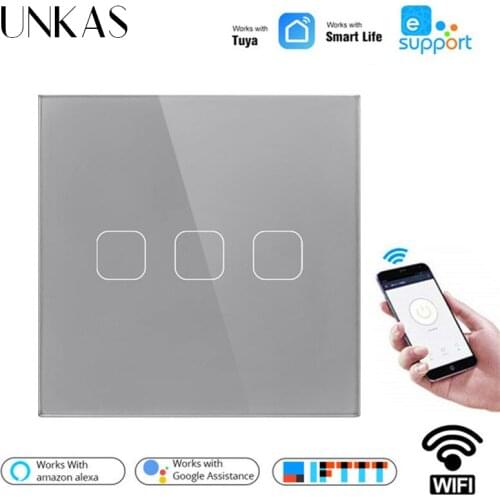 UNKAS EU Standard Work with Alexa Google Home Touch Switch Smart Home 220v Wall interruptor 3 Gang 1 Way wifi light switch