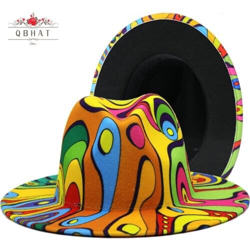 Artificial Wool Vintage Graffiti Painted Fedora Winter Autumn Jazz Caps Print Tie Dye Pattern Colorful Wide Brim Fedora Hat