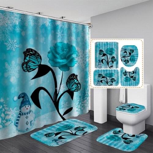 3D Butterfly Pink Rose Pattern Waterproof Shower Curtain Non-slip Cushion Toilet Cushion U-shaped Cushionbathroom Essential Set