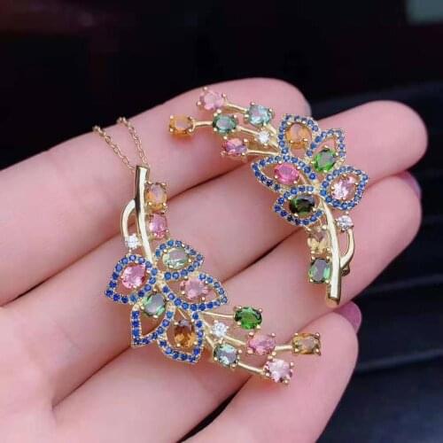 Natural Candy Color Tourmaline Pendant Necklace S925 Pure Silver Fine Fashion Wedding Jewelry For Women Free Shipping MeibaPJFS