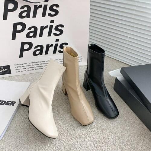 FW2021 new square toe thick heel web celebrity boots, short boots, beige medium heel British boots for women