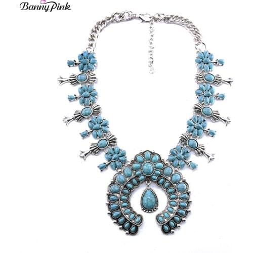 Banny Pink Bohemia Turquoises Necklace For Women Ethnic Stone Cluster Statement Choker Necklace Big Pendant Choker Colar Collier