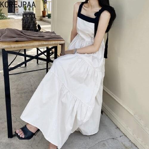 Korejpaa Women Dress 2021 Summer Korean Chic Ladies Square Collar Contrast Stitching High Waist Loose Tie Bow Suspender Vestidos