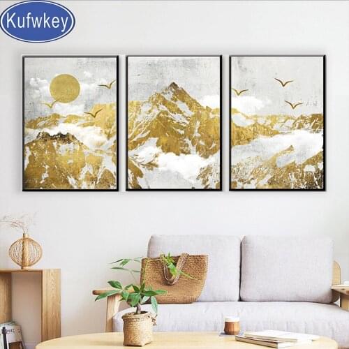 Nordic Abstract Landscape 3 Pieces Diamond Embroidery Handmade Full drill Square 5d Diy Diamond Painting Golden Mountain birds