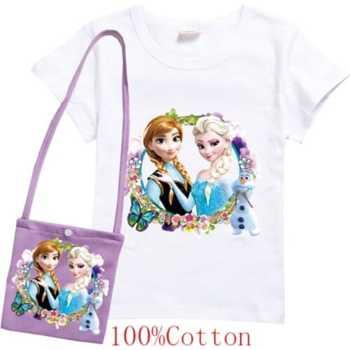 Disney Childrens summer T-shirt Frozen Elsa cotton T-shirt + bag set Girls fashion casual short-sleeved toddler tshirt clothes