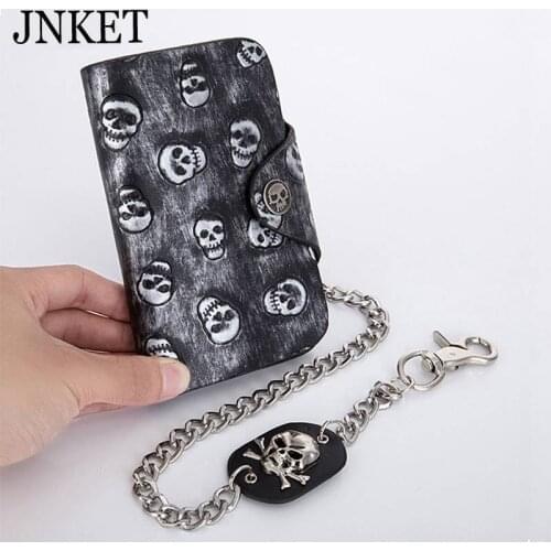 JNKET Punk Rock Skull PU Leather Wallet Detachable Metal Chain Clutch Wallet Billfold Money Clip Foldable Purse Notecase