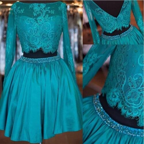 Two Pieces Lace Short Mini Homecoming Dresses Long Sleeves Boat Neck Crystal Beaded Party Dresses Blue Color Chiffon Prom Gowns