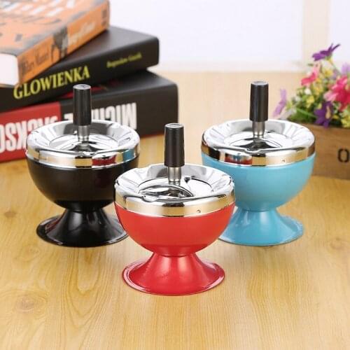 HOT-Stainless Steel Wine Style Ash Tray with Cover Round Push Down Portable Cigarette Ashtray with Spinning Tray Holder