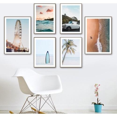 Sea Beach Coconut Tree Ferris Wheel Car Wall Art Canvas Painting Nordic Posters And Prints Wall Pictures For Living Room Decor