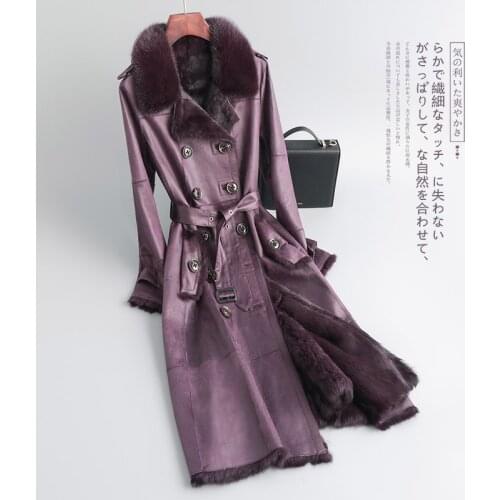 Real Geniue Leather Natural Rabbitskin Coat With Real Mink Fur Collar Long Coat Winter Clothes Women rabbit fur coat
