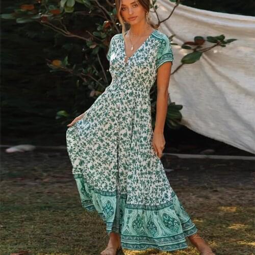 KHALEE YOSE RHAPSODY MAXI DRESS Green White Boho Floral Print Dress Elasticised Waistband Button Front Short Sleeves dresses