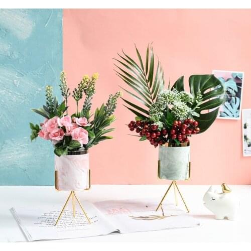 Simple Nordic Fashion Marbled Iron Frame Ceramic Vase Home Decoration Living Room Table Decoration Decoration Floral Set