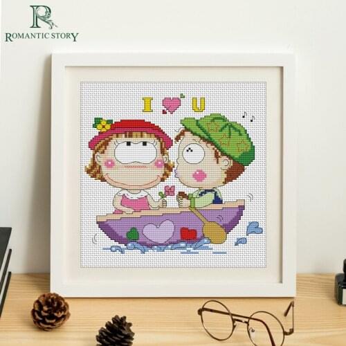 Romantic Story Handmade Needlework Kids Boating in Water Paintings Counted DIY Cross Stitch Kits Embroidery Cross-Stitching