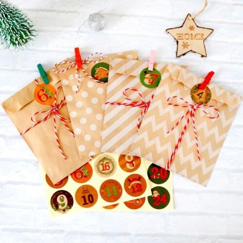 24sets Advent Calendar Christmas Kraft Bag Gift Pack Holiday Count Down Packing idea with Stickers Party Candy Paper Treat Bag