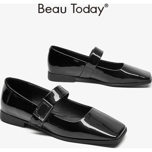 BeauToday Lolita Shoes Women Patent Leather Square Toe Hook Loop Closure Buckle Decoration Slip On Lady Girls Flats 28233