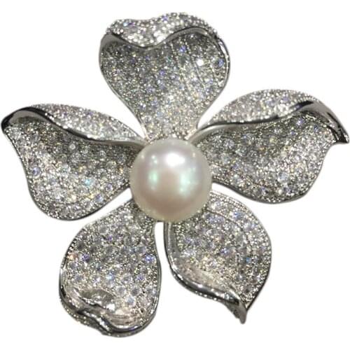 Natural fresh water pearl brooch pins flower cubic zircon fashion women jewelry free shipping