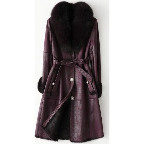 2021 Winter Womens Fox Fur Collar Leather Jacket High Quality Rabbit Fur Adjustable Waist Coat Large Size 3XL