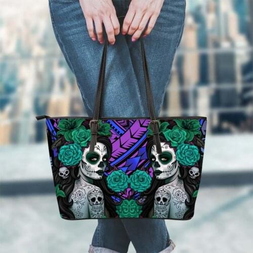 Skull Leather Handbags Women Polynesian Luxury Handbag Hawaiian Hibiscus Flower Skeleton Print Casual Lady Shoulder Bolsa 2021