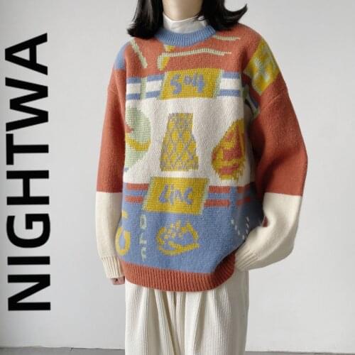 NIGHTWA Women Knitted Sweater Autumn Winter Vintage Cartoon Print Tops Chic Lady Fashion 2021 New Casual Loose Pullover Sweater