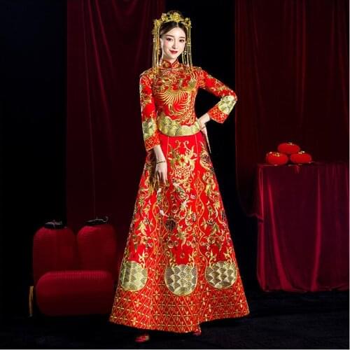 Traditional Chinese style vestido women oriental royal phoenix wedding cheongsam Ancient marriage costume the bride Qipao gown