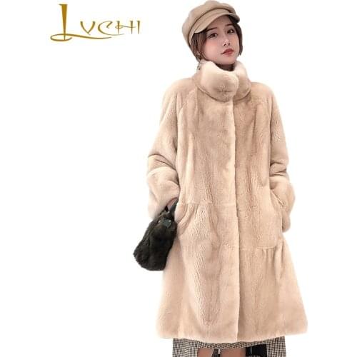 LVCHI 2019 Winter Swan Velvet Mink Fur Coat Full Sleeve Real Fur Coats Mandarin Collar Women Thicken Soft Medium Mink Fur Coats